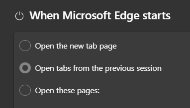 How can I get Edge to restore all the tabs I had open last session