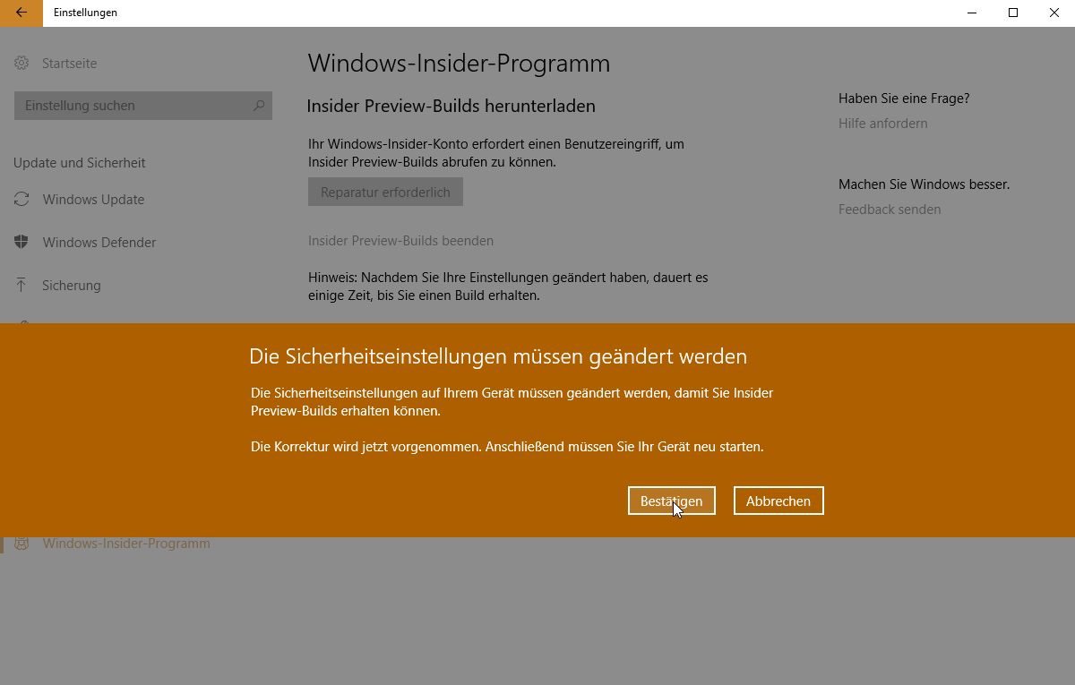 Win 10 - Windows Insider Programm 'Reparatur Erforderlich' Problem