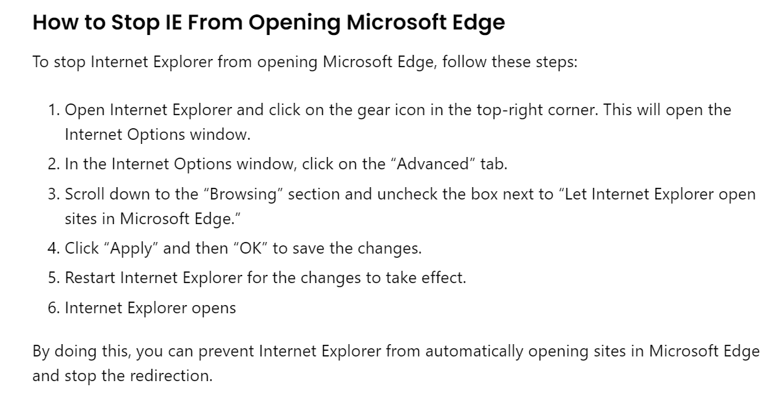 Why this article says Let Internet Explorer open sites in 