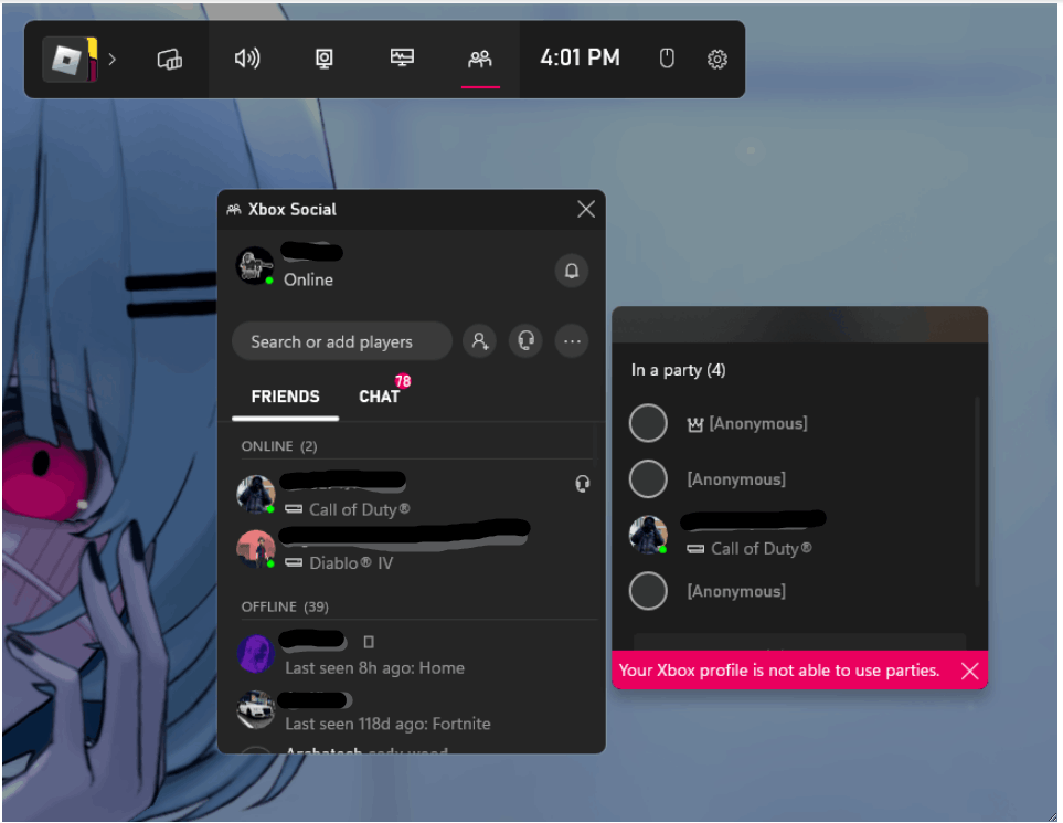 Your Xbox profile is unable to use parties&quot; error on pc game bar 
