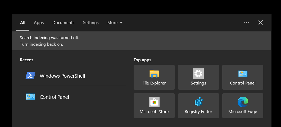 Disable &ldquo;Search indexing was turned off.&rdquo; Message - Microsoft 
