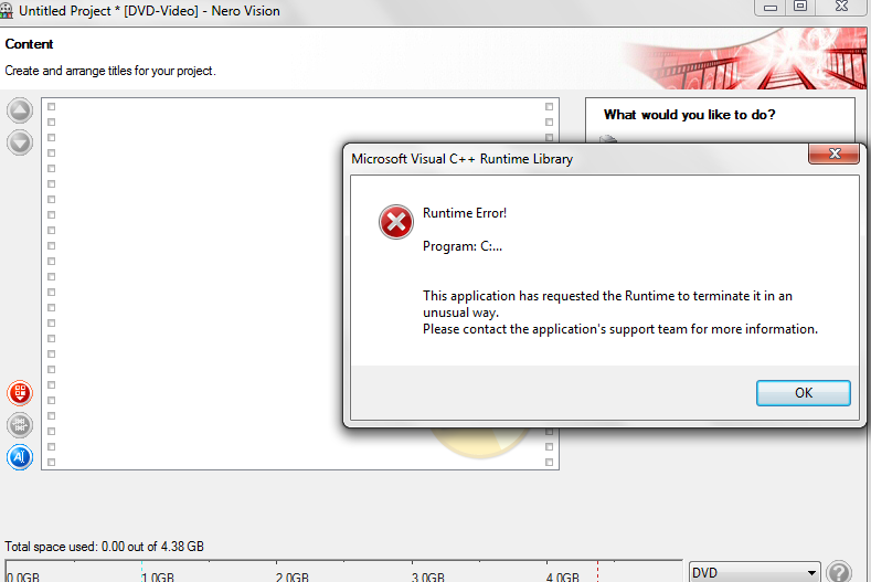 Visual C Runtime Error While Writing A Dvd Using Nero 4 Microsoft Community