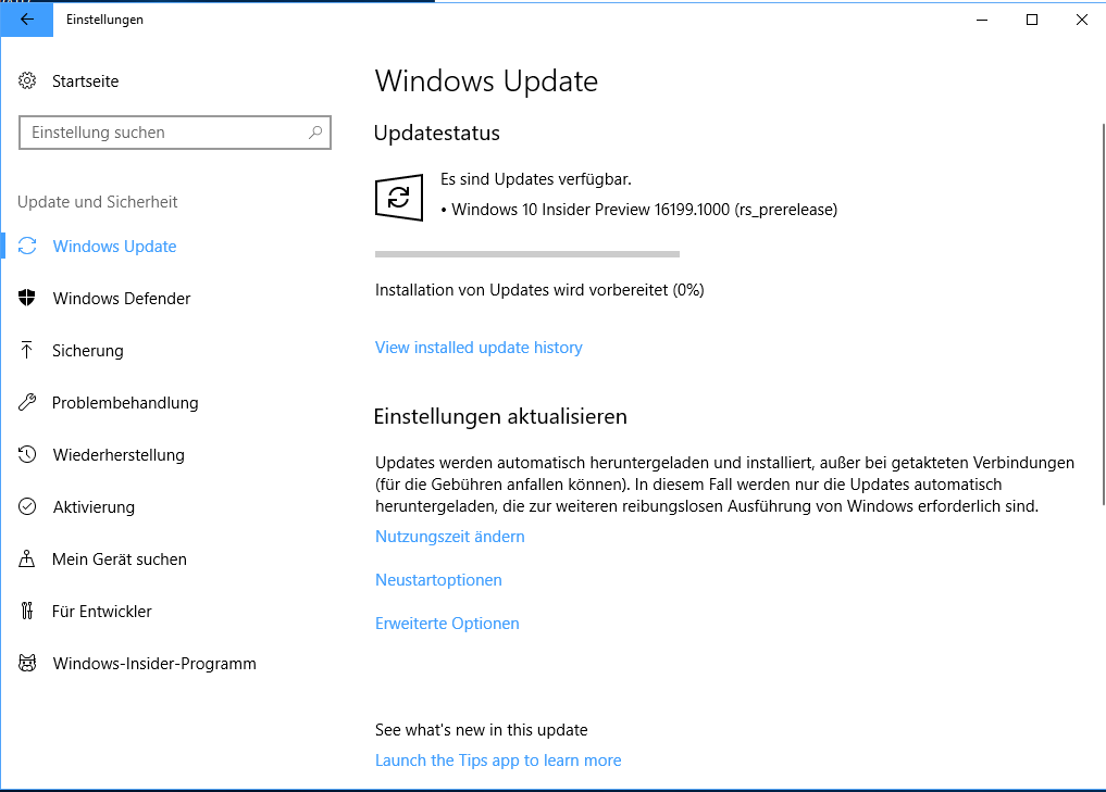 Update bugs nach Windows 10 preview Build 16188