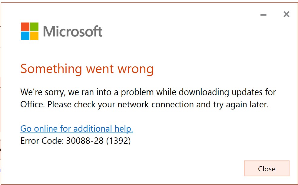 Office update failing with error code 30088-28 (1392) - Microsoft 