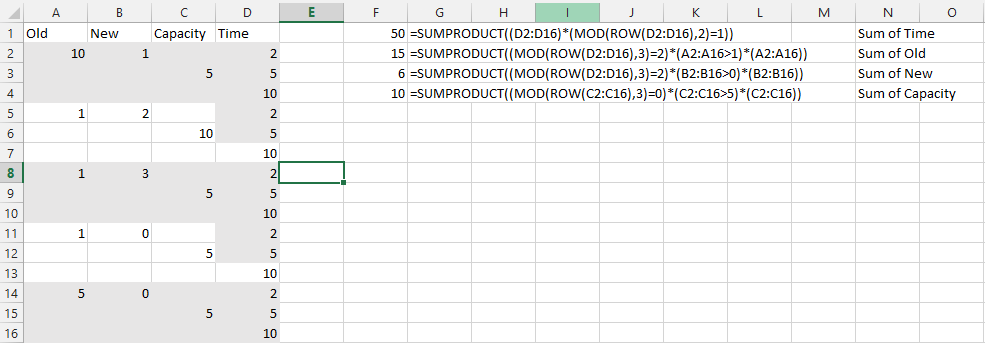 SUMPRODUCT of a cell every Nth row with conditons every Xth or Yth