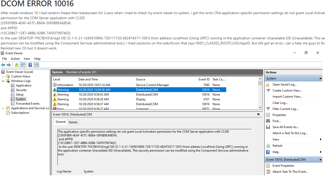 Updated Windows 11 and now get DCOM error 10016 over and over 