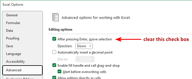 The cursor in Excel move down when I press Enter. How can I 