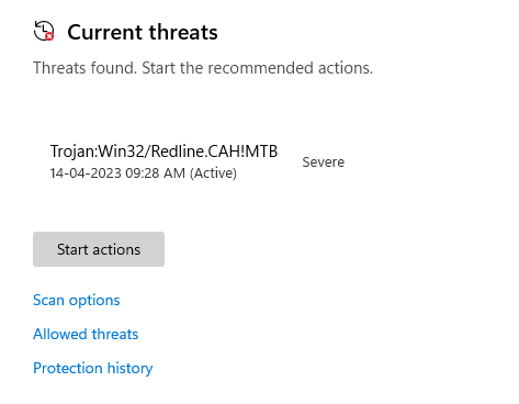 Windows Defender : Trojan - Win32/Redline.CAH!MTB - Microsoft Community