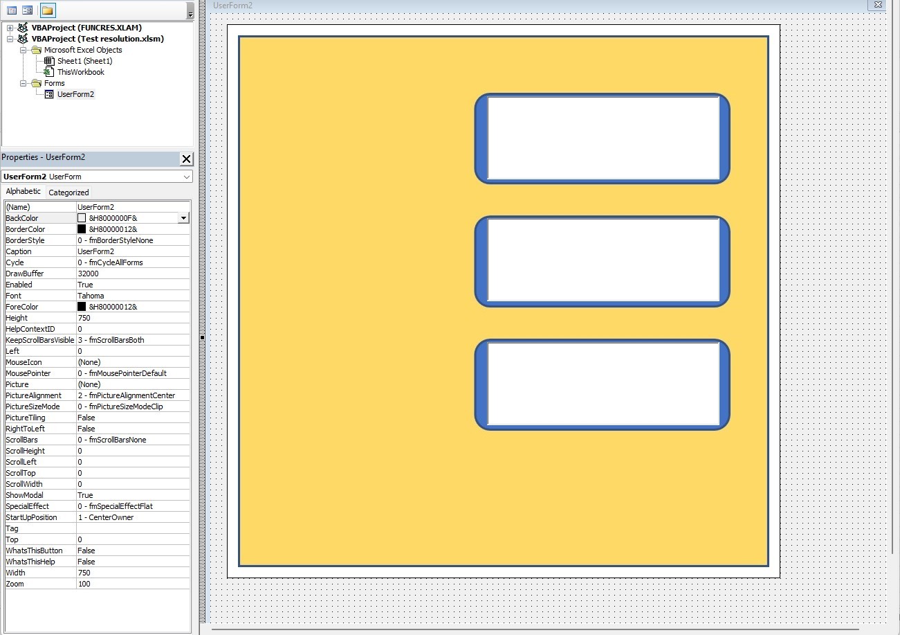 Excel VBA forms with imported images textboxes and buttons messed