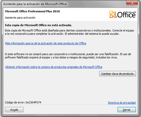 Error 0xC004F074 en Office Professional Plus 2010 - Esta copia de -  Microsoft Community