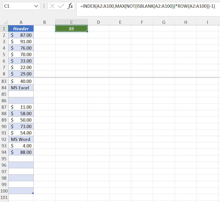 Formula To Find The Lowest Cell With Data In A Column? - Microsoft 