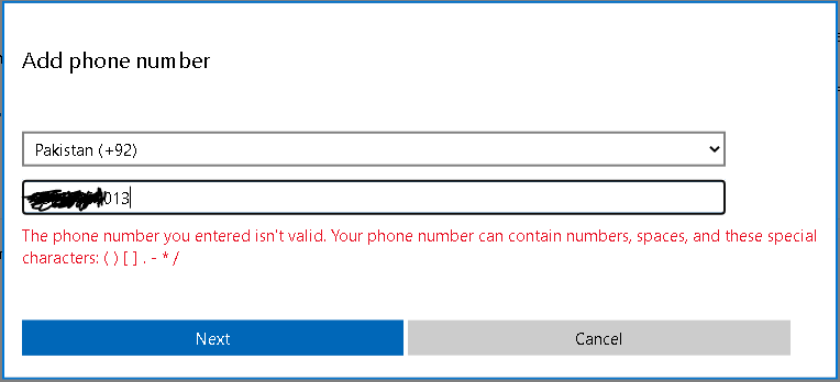 unable to add phone number to microsoft account