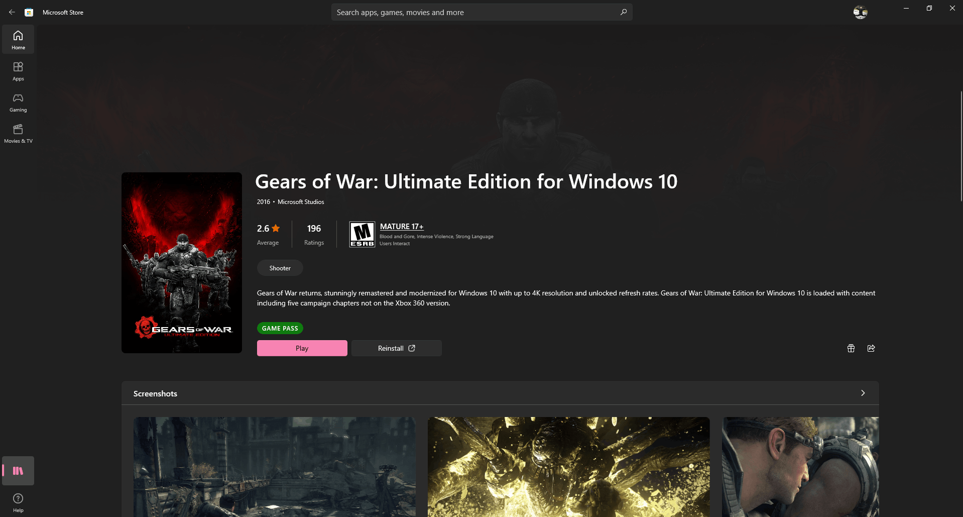 Gears of War: Ultimate Edition Windows 10 [Digital Code] 