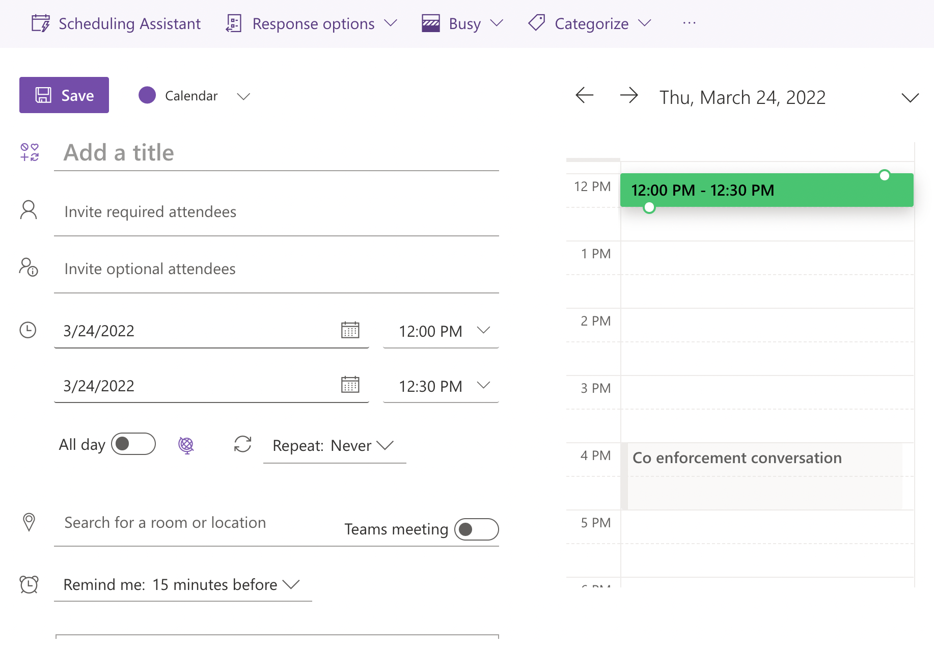 Sending a calendar invite to bcc list on Outlook calendar on browser