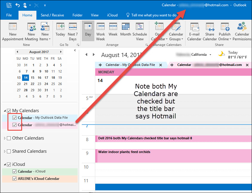 The effect in Calendar when My Outlook Data File is set as the default