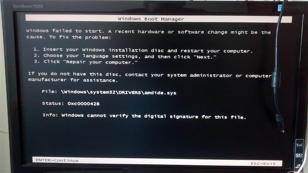 windows boot manager - windows cannot verify the digital signature for