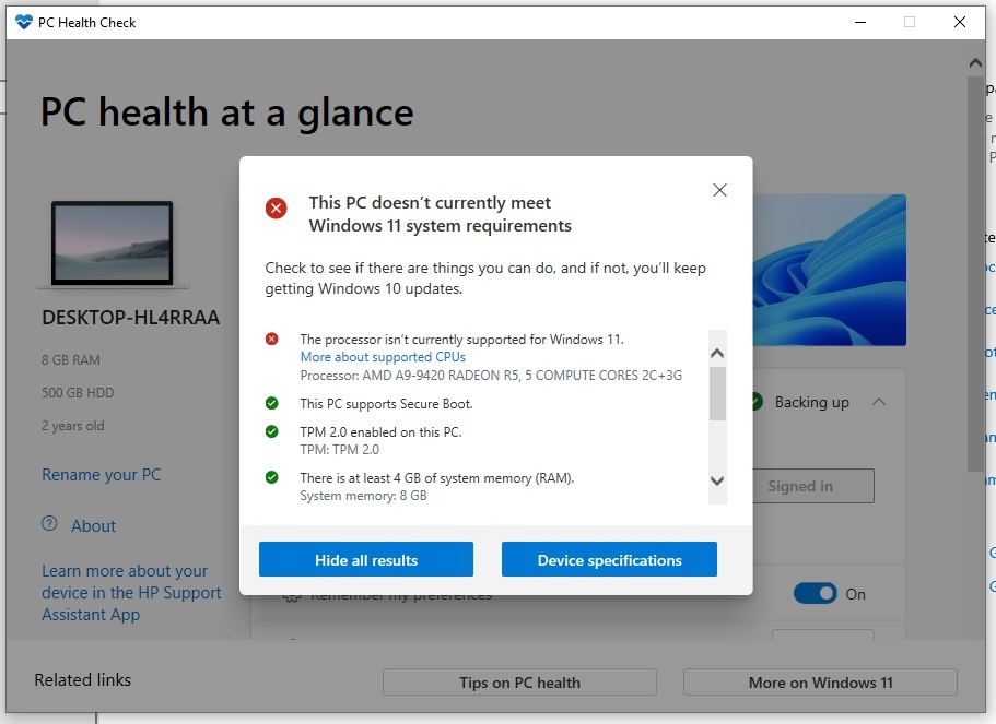 Processor not supported for Windows 11 AMD A9 9420 RADEON R5 5