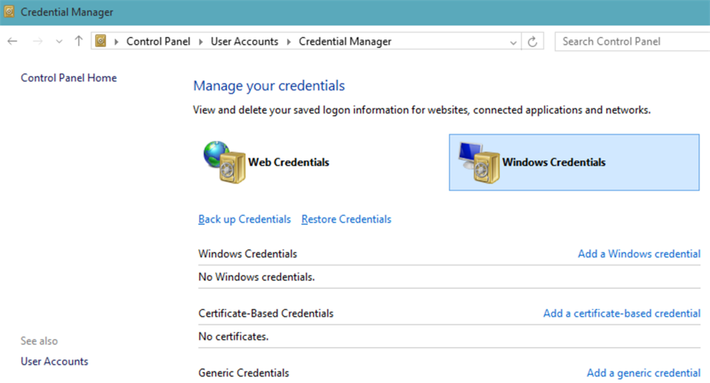 Windows Credential Manager. Диспетчер учетных данных. Control Panel - Windows Credentials. Microsoft Credentials.