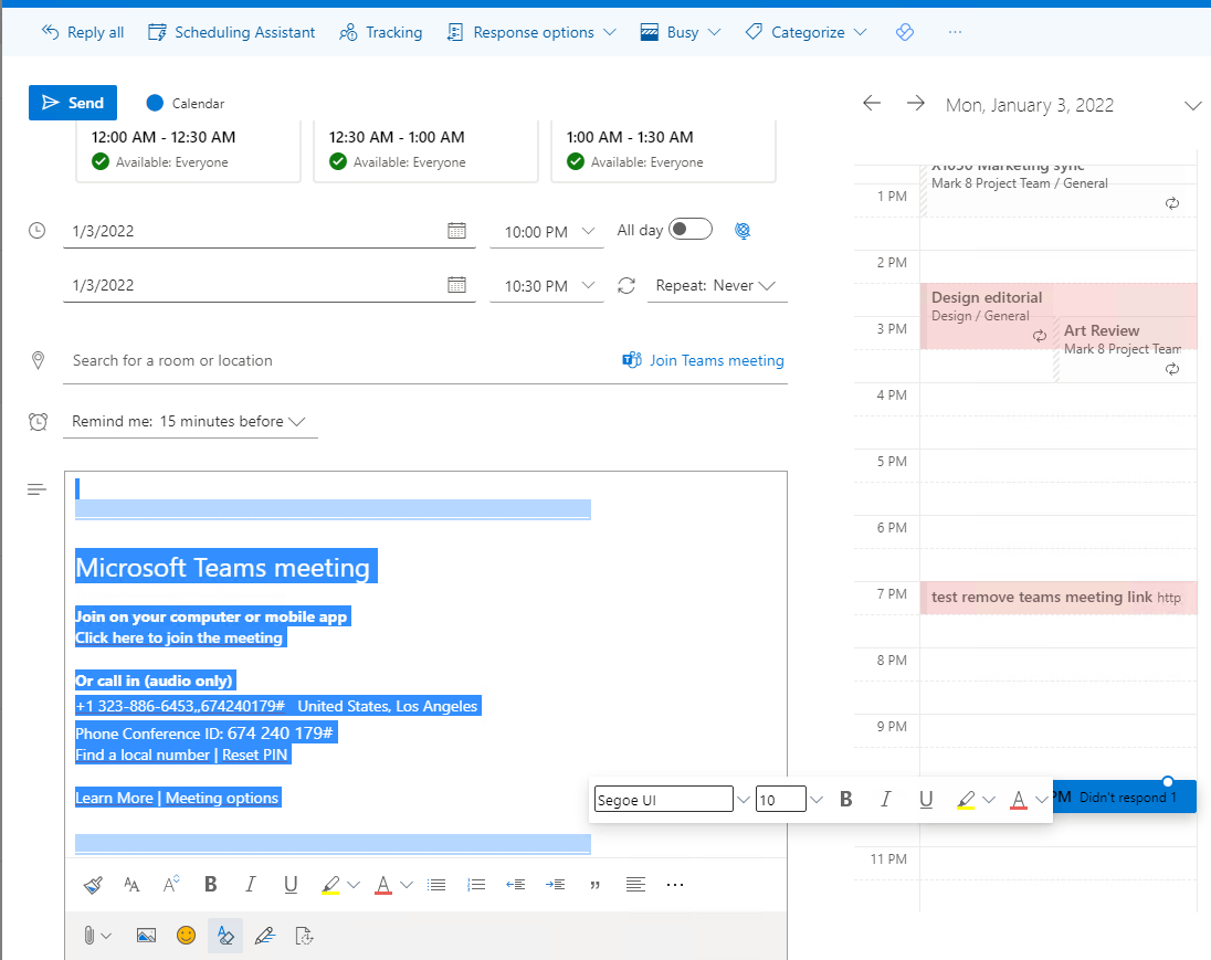 How do I remove the Teams meeting link from a calendar invite