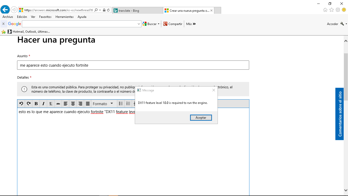 Windows 10 Error Al Ejecutar Fortnite Microsoft Community - esto es lo que me aparece cuando ejecuto fortnite dx11 feature level 10 0 is required to run the engine