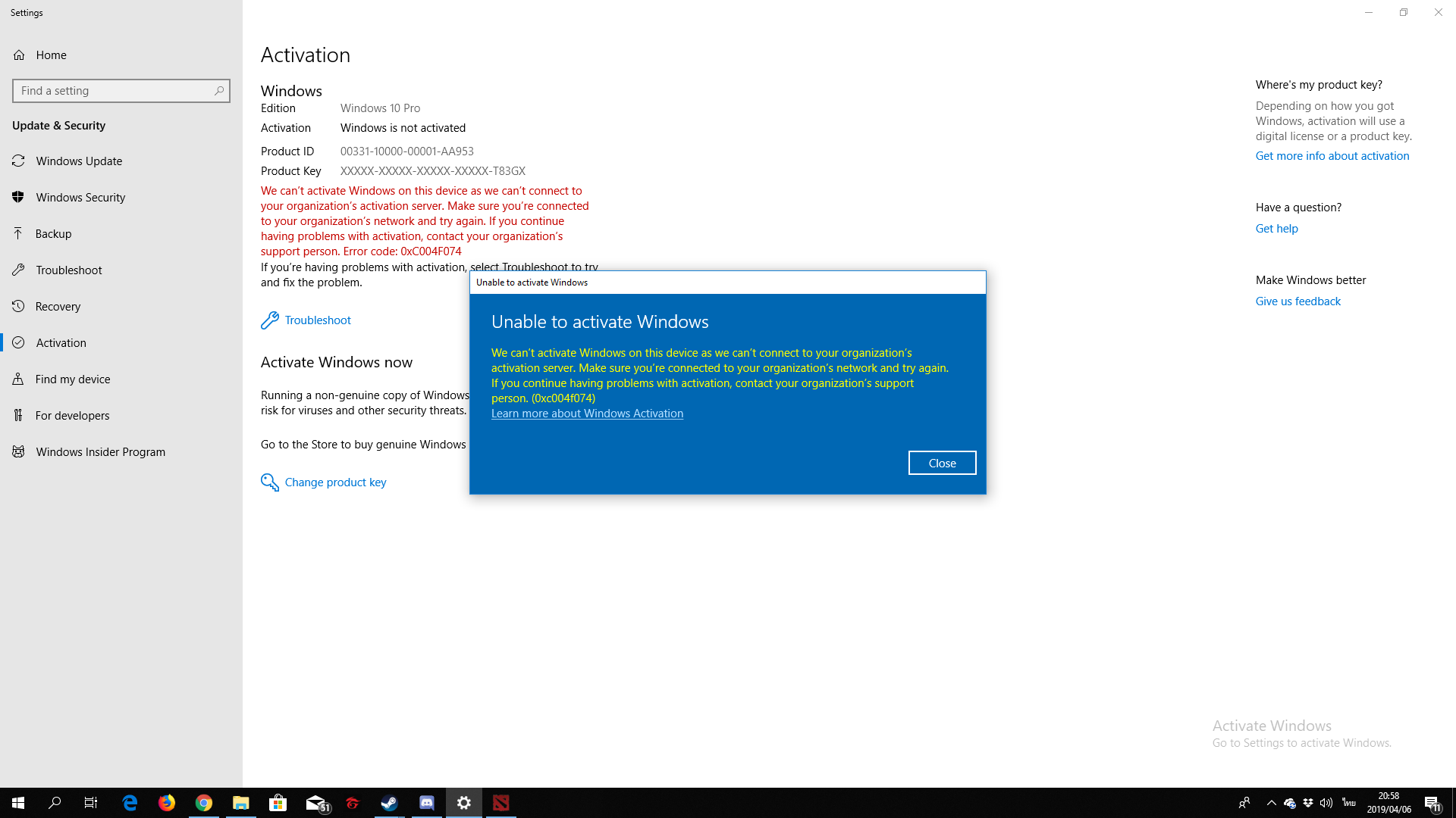 Cant Activate Win 10 Pro Microsoft Community 9575