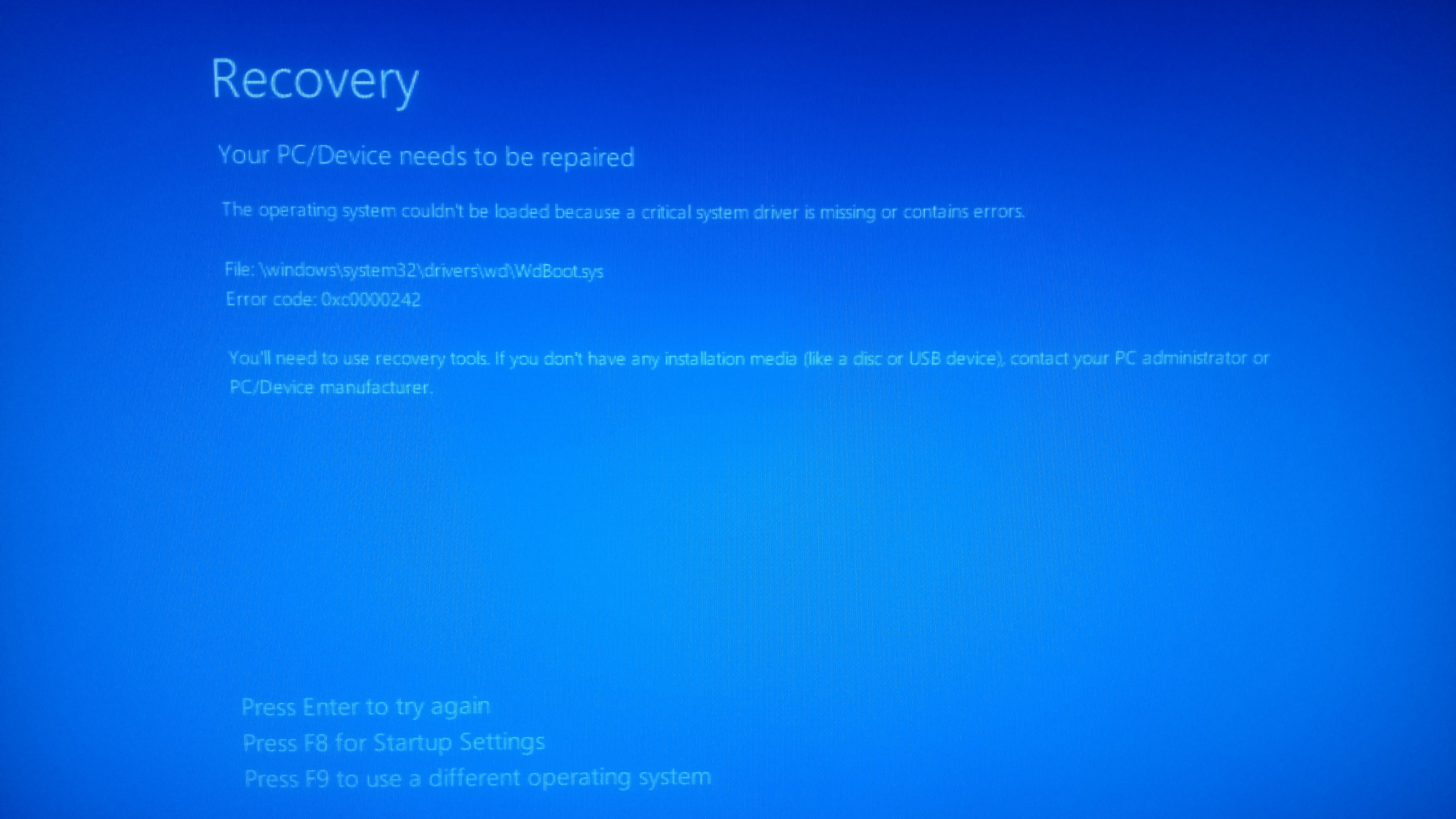 Синий экран Recovery error code 0xc0000242 file WdBoot.sys - Сообщество  Microsoft