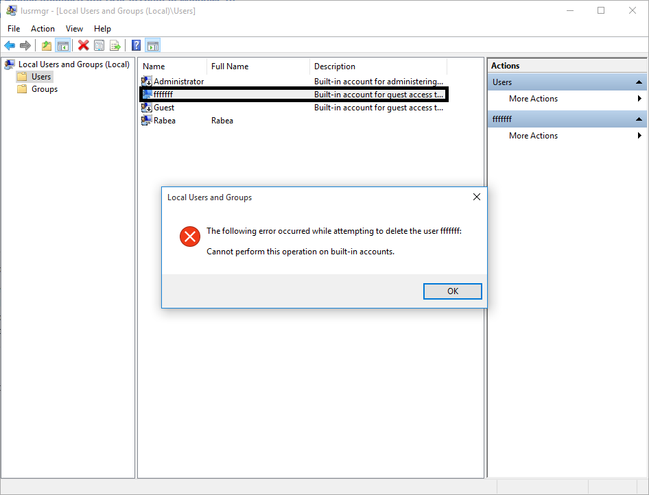 Getting an error cannot perform this operation on built in accounts