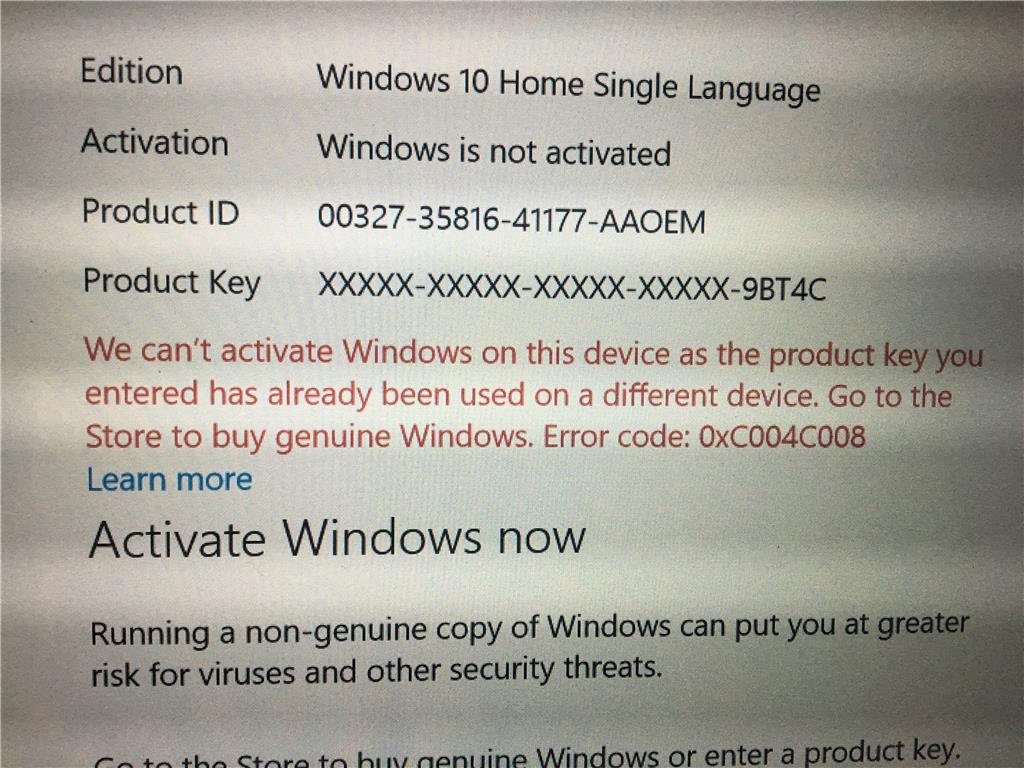 Windows 10 ที่ติดมากับเครื่องไม่สามารถ Activate Error 0xC004C008