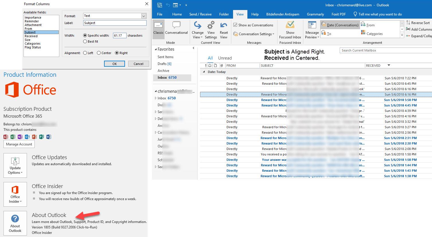 Office 365 Outlook 2016 View Format Columns Size Alignment Right