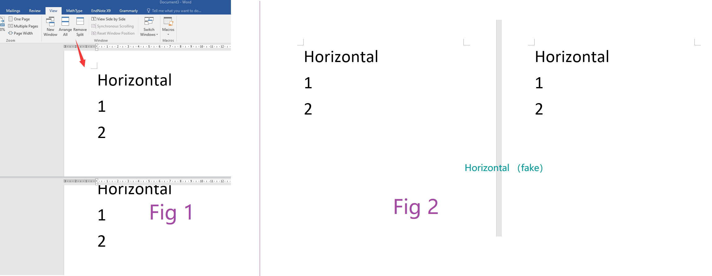 Microsoft word split screen vertically