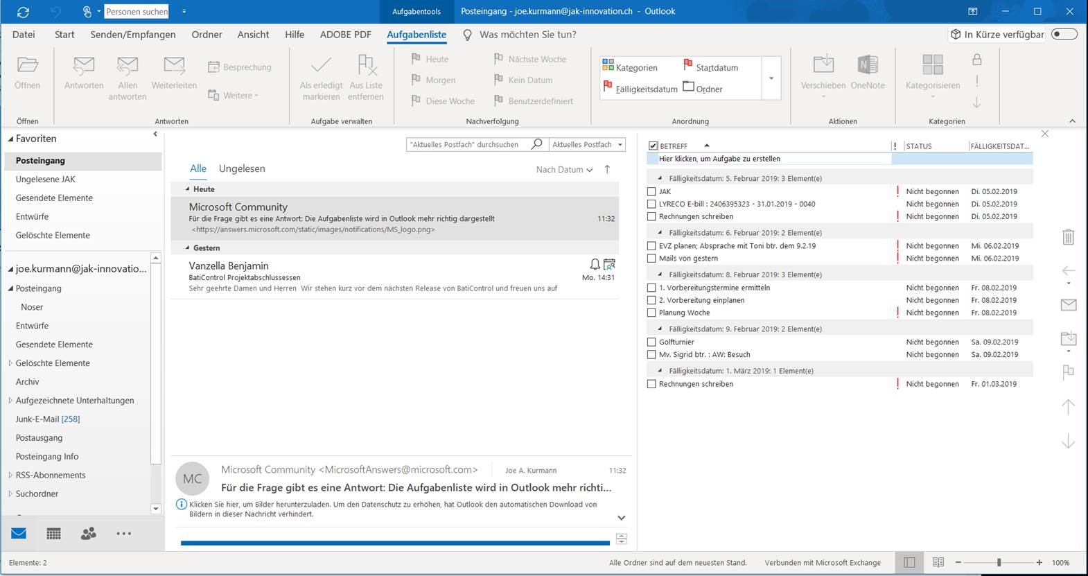 Die Aufgabenliste wird in Outlook mehr richtig dargestellt