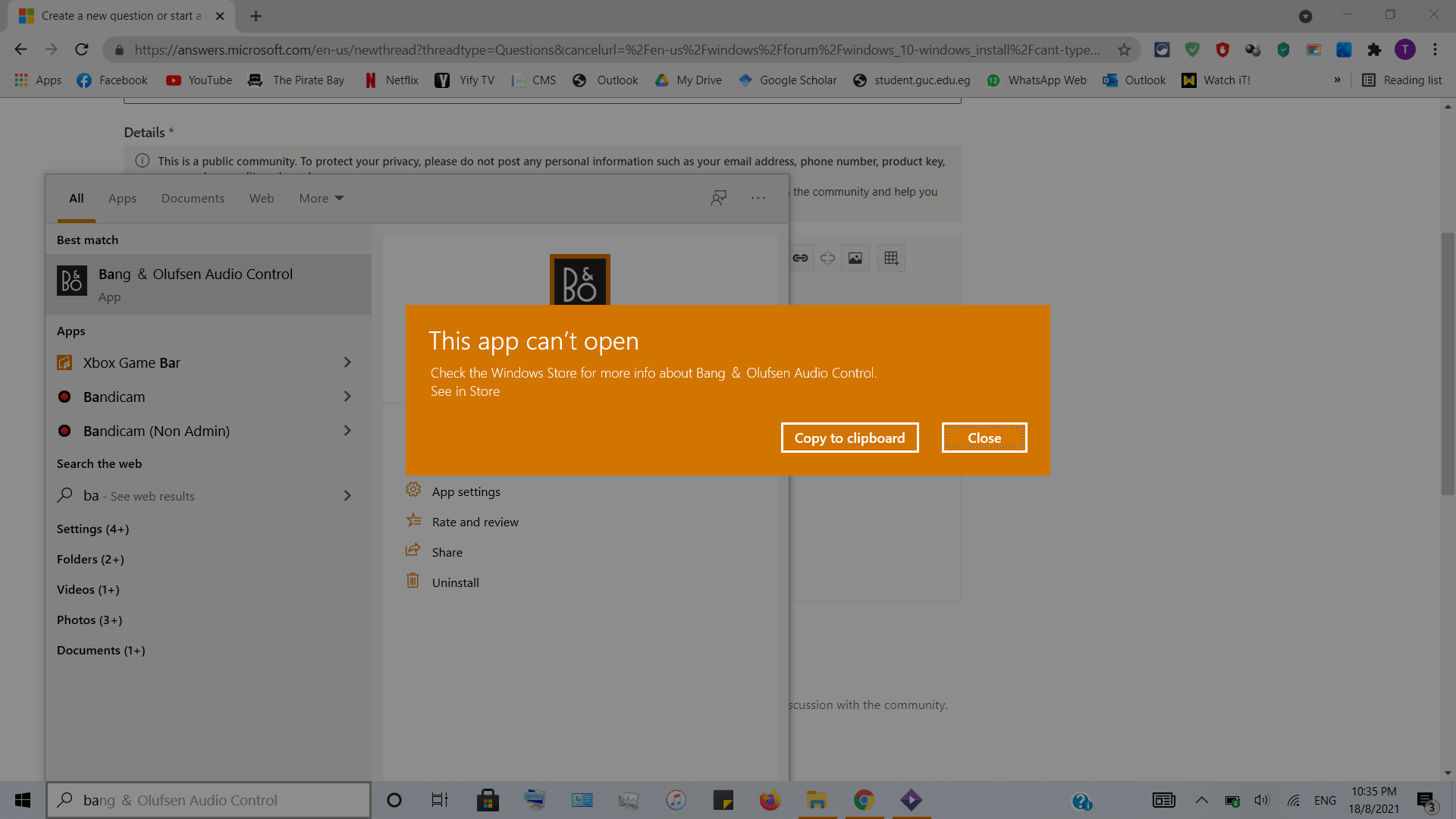 I Am Having A Problem Opening Bang & Olufsen App Windows 10 Error ...