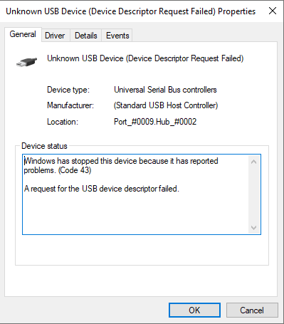 Unknown USB Device (Device Descriptor Request Failed) - Microsoft.