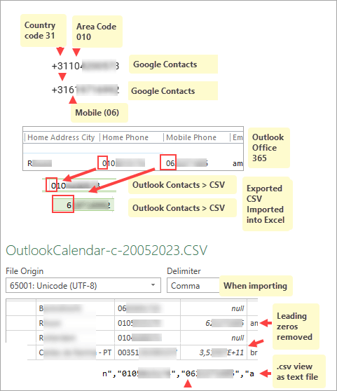 Outlook - Phone numbers - what is the format and missing leading 