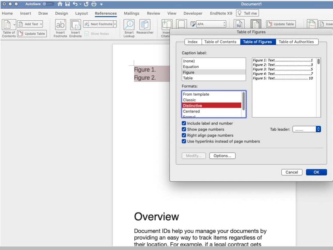 change default font for table of figures in word mac
