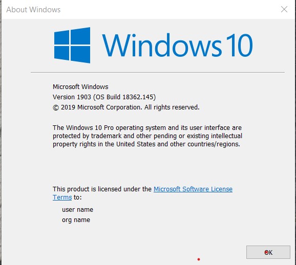 Windows 10 Pro 64bit Version 1903 OS Build 18362.145, Preview ...