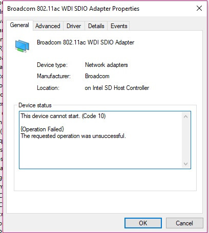 802.11ac SDIO Adapter bcmfn2 driver working wibdows - Microsoft Community