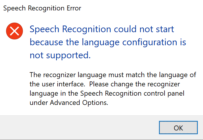 Region is not supported. Speech recognition Error. Распознавание речи ошибка. Speech recognition could not start because the language configuration is not supported. Speech Recognizer.