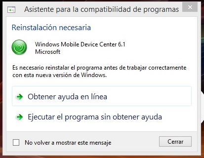 centro de dispositivos de windows mobile  no  funciona  en 