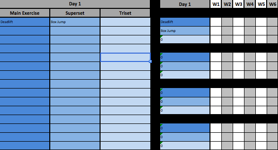 Strength Coach Template with 'Main Training' Sheet and 'Input