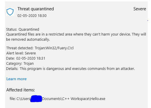 Windows Defender Flagged My C++ Program As Trojan - Microsoft Community