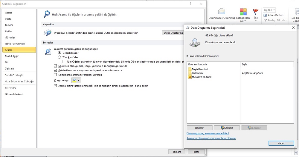 Dizin oluşturma outlook
