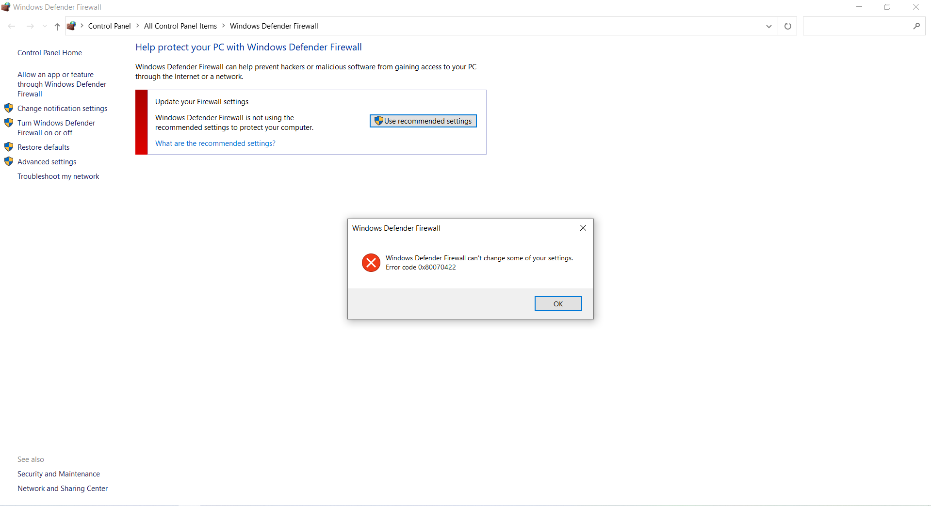 windows defender erreur 0x80070422 - code d'erreur 0x80070422 windows 10