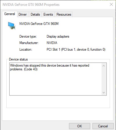 NVidia GeForce GTX 960M is disabled by Windows Code 43