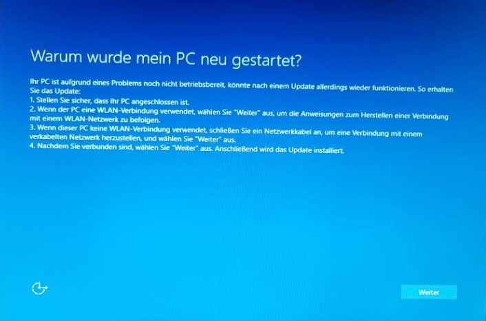 Windows 10 nach Installation aufgrund eines Problems nicht betriebsbereit