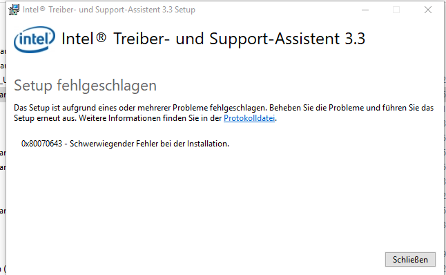 Schwerwiegender Fehler 0X80070643 bei der Installation von Intel Treiber Update und...