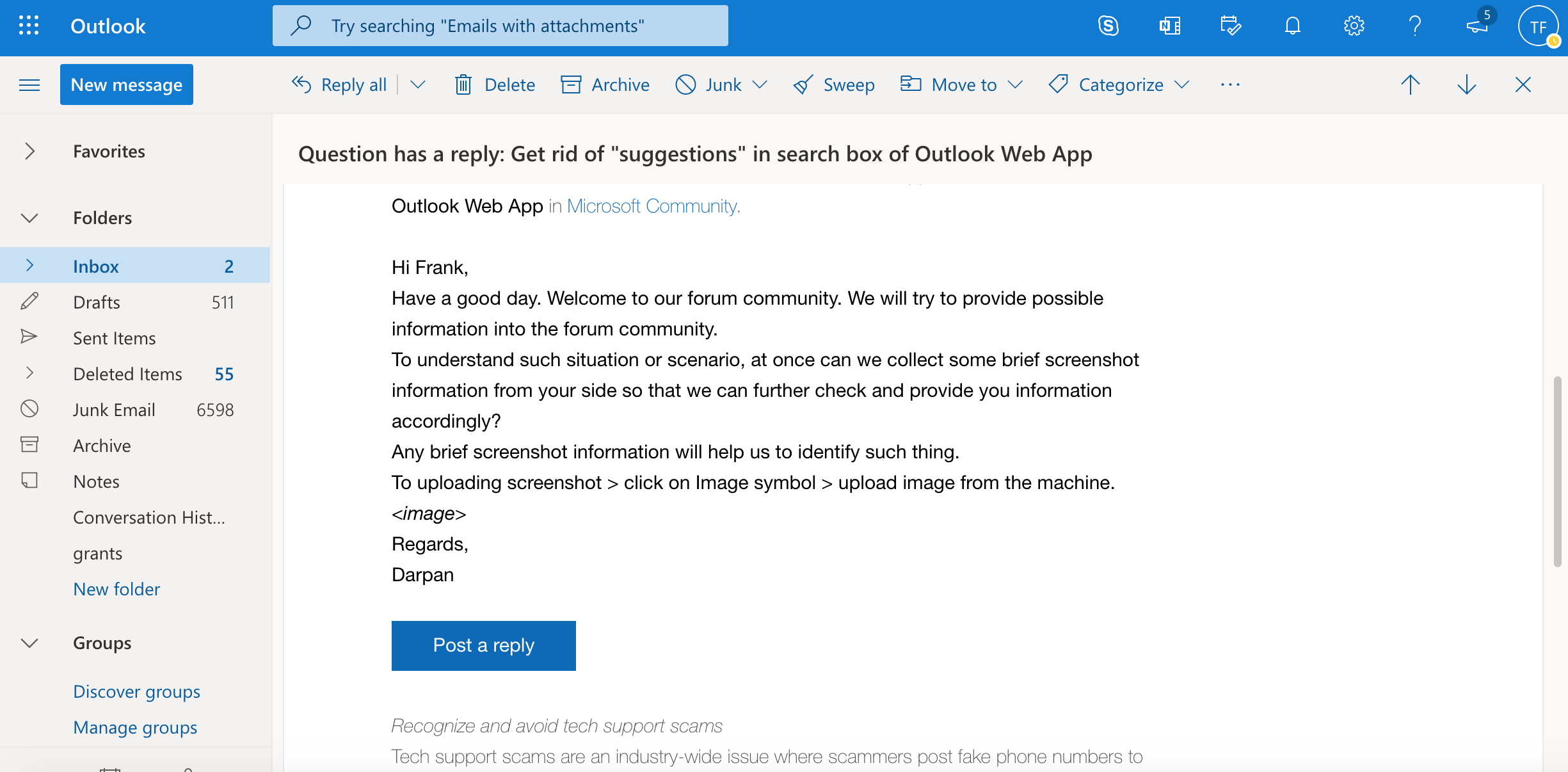 Get rid of "suggestions" in search box of Outlook Web App Microsoft