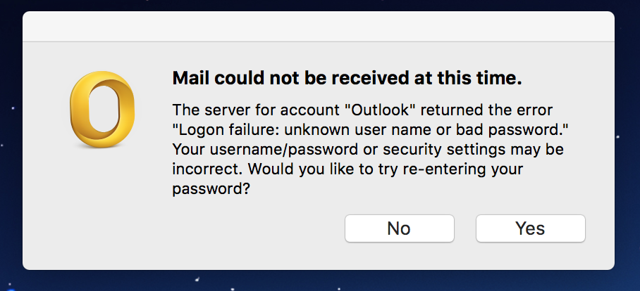 Outlook 365 for mac password error