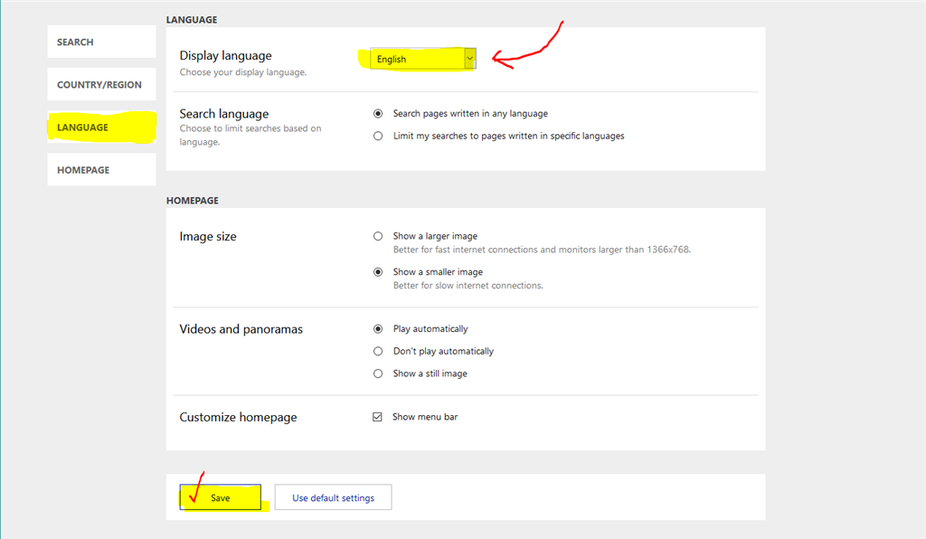 changing default language to English in bing Microsoft Community