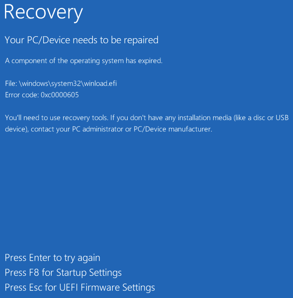 Windows recovery. Winload EFI ошибка при запуске Windows 10. Press ESC for UEFI Firmware settings. A component за the operating System has expired.